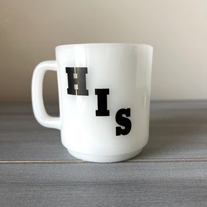 Vintage Glasbake Mug Graphic HIS Coffee Cup White Black made in USA